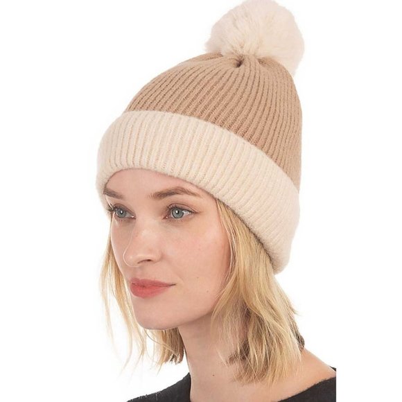 NEW Super Soft Cozy Faux Fur Pom Pom Color Block Rib Knit Beanie Hats Taupe Rust - Picture 7 of 8